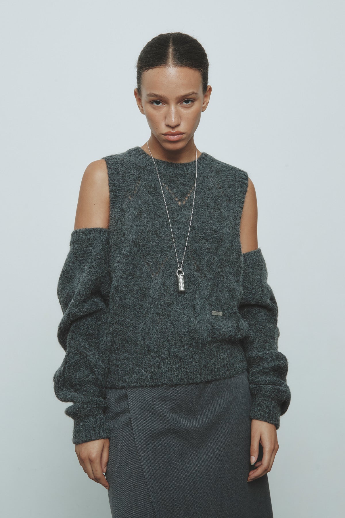 Matinkim Bolero Layered Cable Knit Pullover IN Charcoal