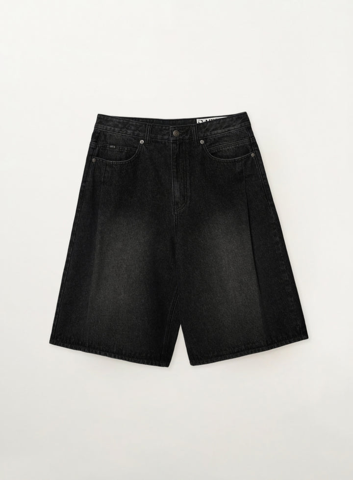 Satur Pleats Bermuda Washed Denim Shorts - Black