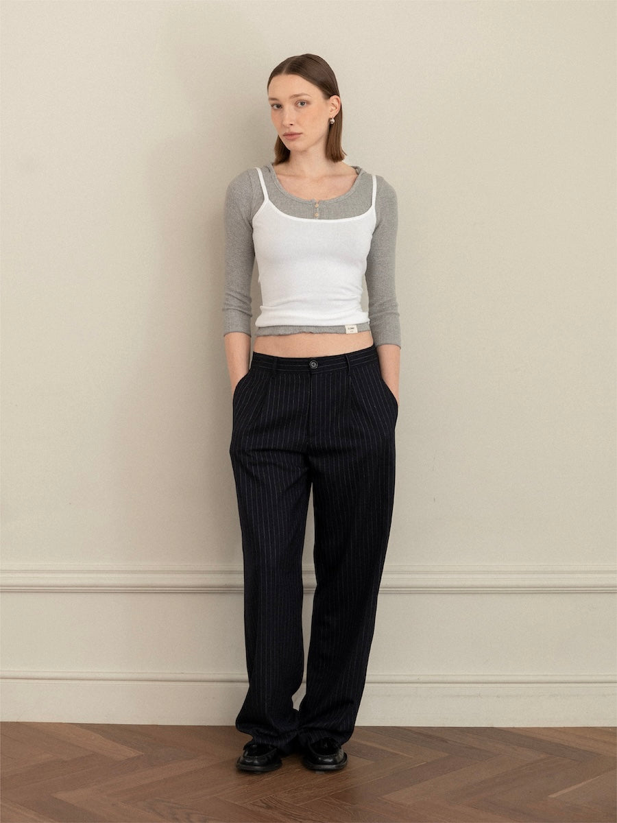 GLOWNY G Gentle Wide Leg Pinstripe Pants (Navy)