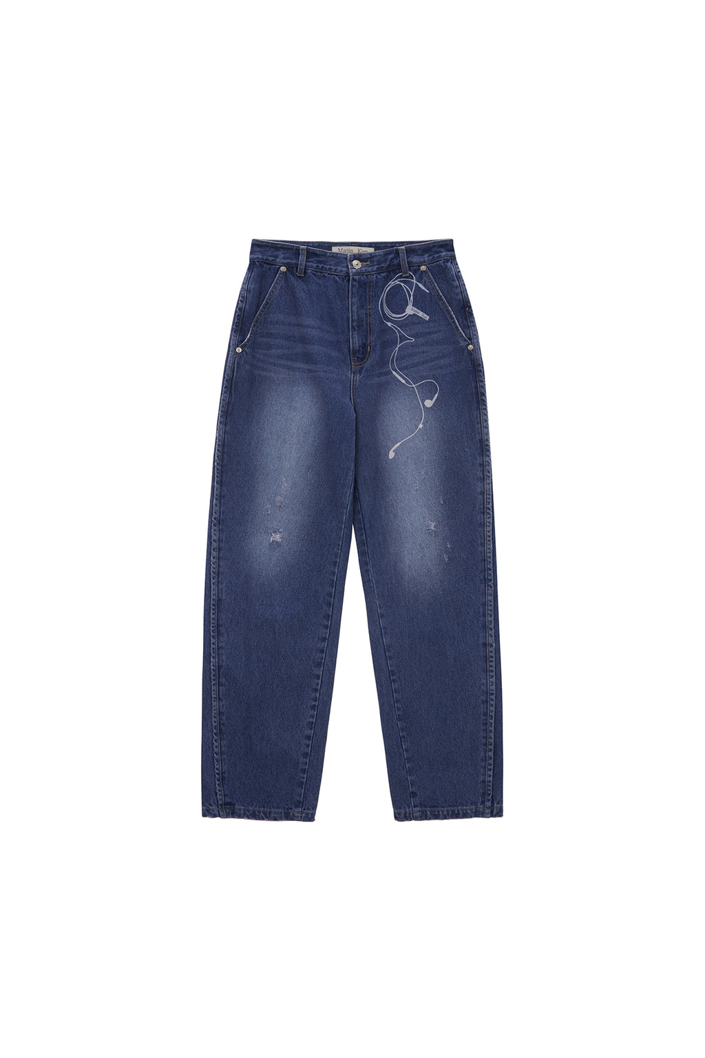 Matinkim Earphone Printed Denim Pants IN Blue