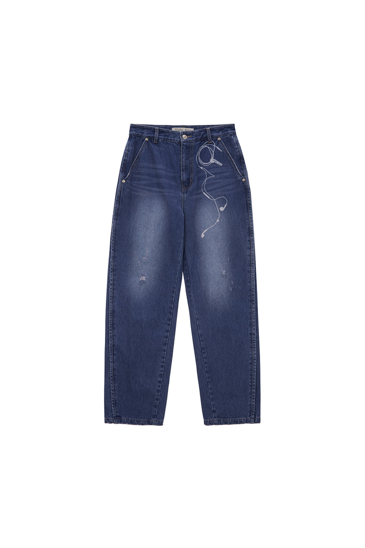 Matinkim Earphone Printed Denim Pants IN Blue