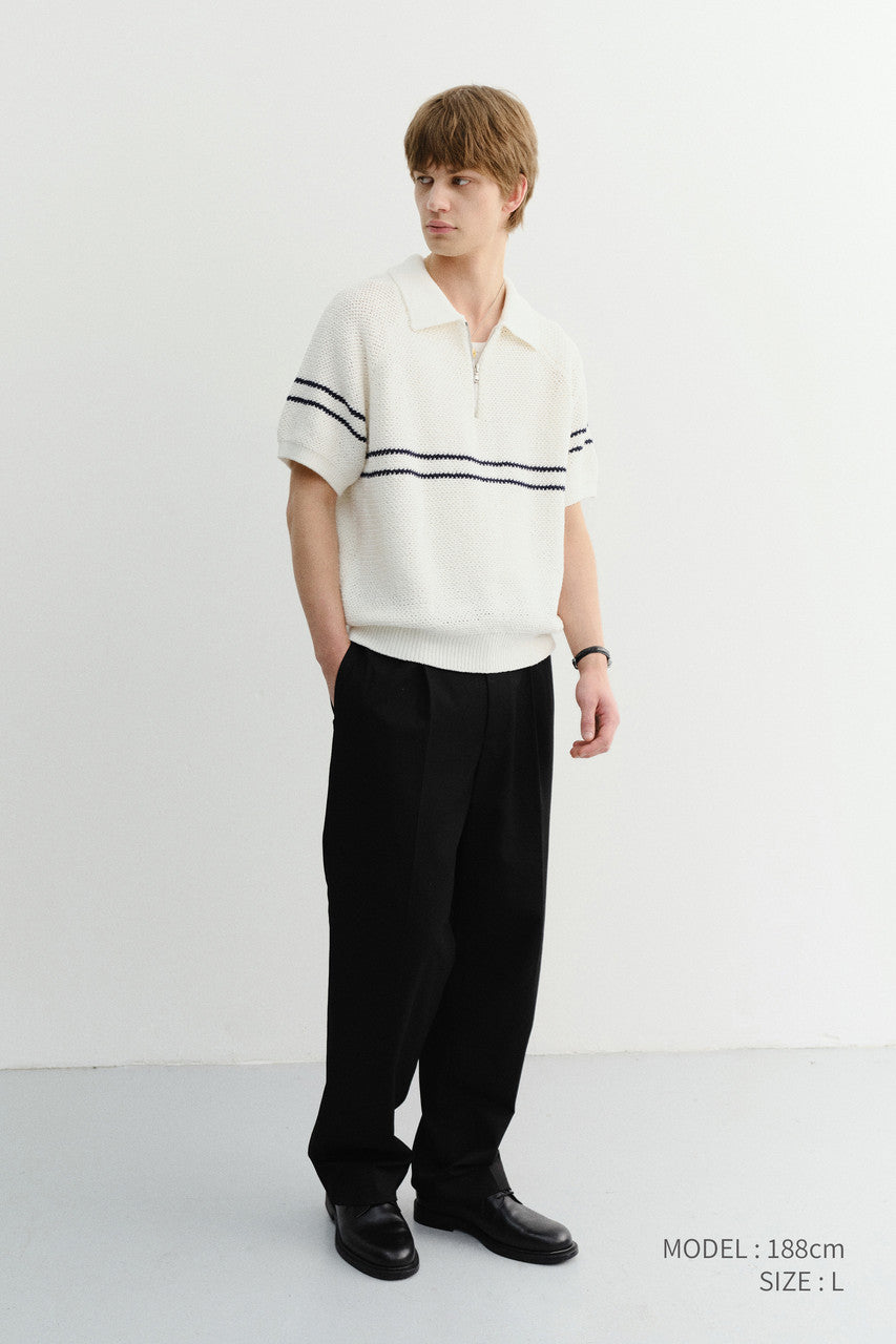 Dunst Half Zip-Up Striped Polo Knit White