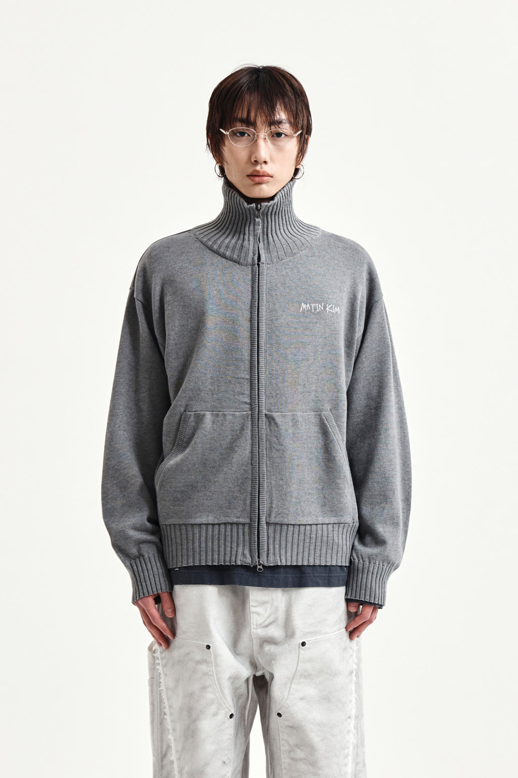 Matinkim High Neck Embroidered Logo Zip UP For Men IN Grey