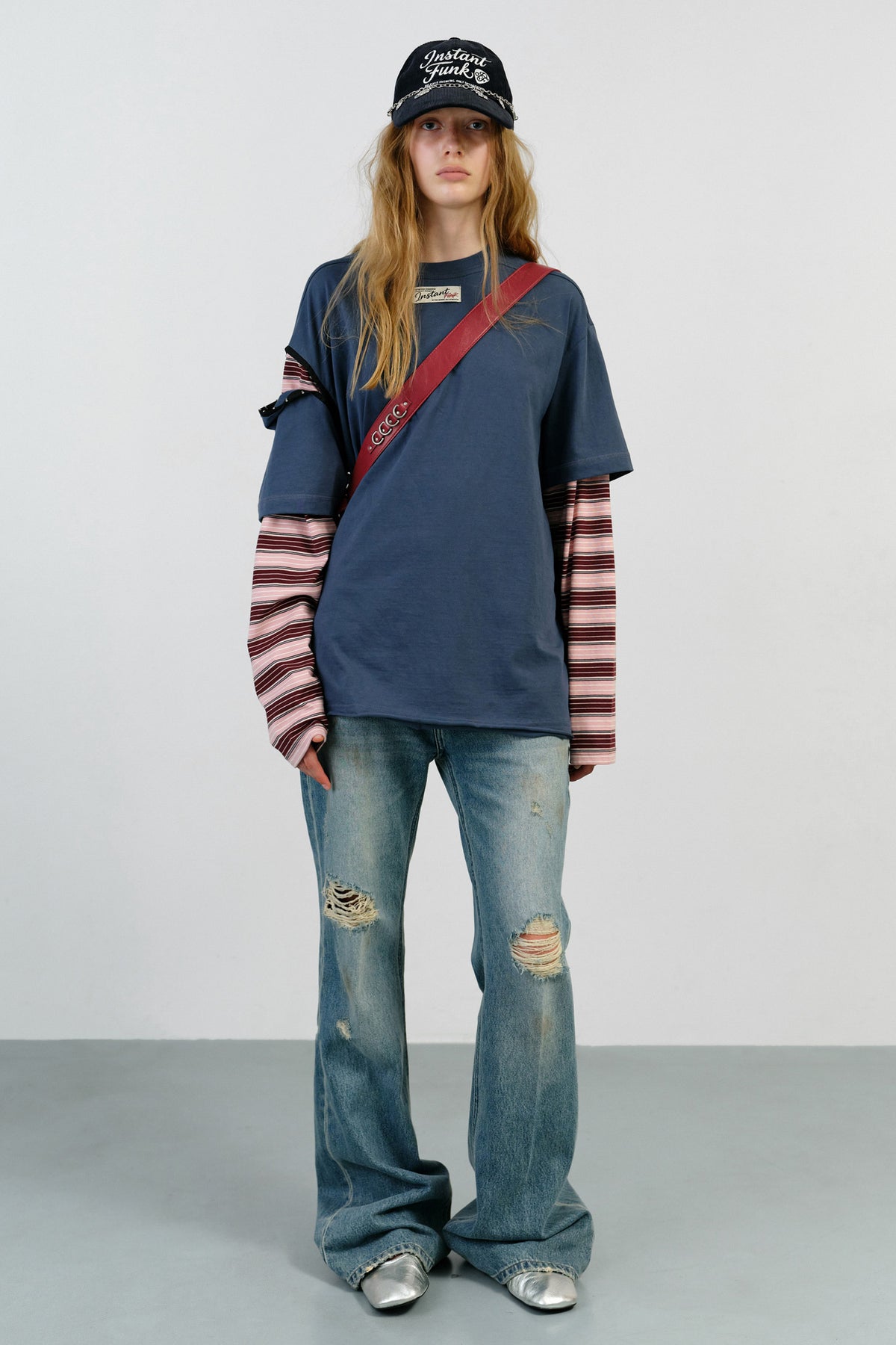Instantfunk Layered Sleeve Stripe T Shirt - Navy