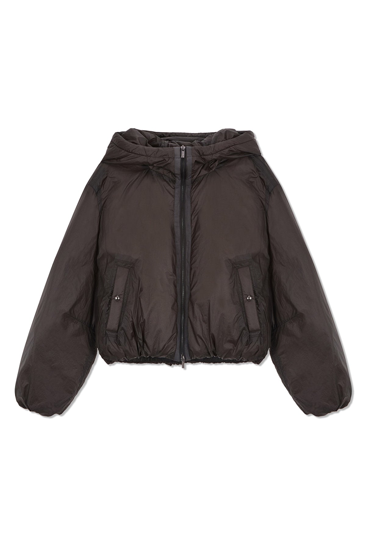 [matinkim] BACK LOGO HOODY SHORT DOWN JUMPER IN CHARCOAL