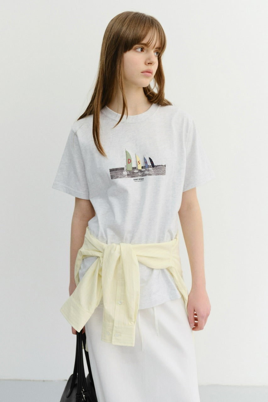 Dunst Unisex Applique Yacht T-Shirt Light Melange Grey