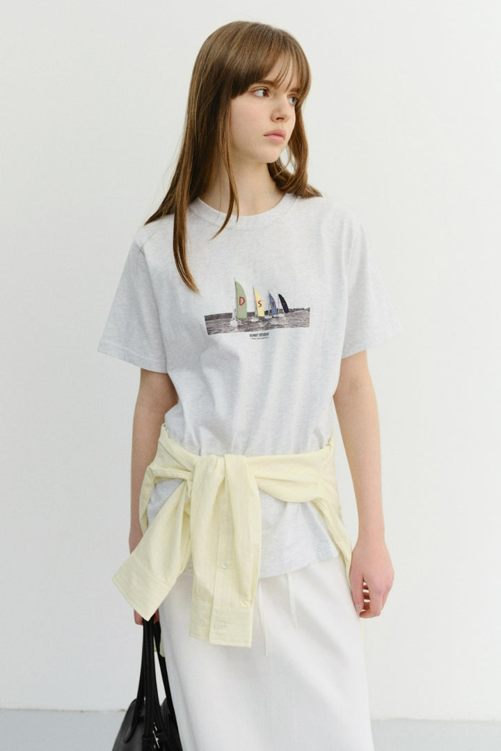 Dunst Unisex Applique Yacht T-Shirt Light Melange Grey