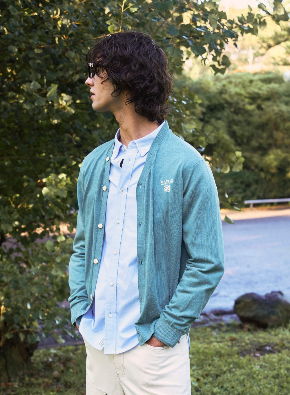 Satur Loren Linen Blend Cardigan - Fog Blue