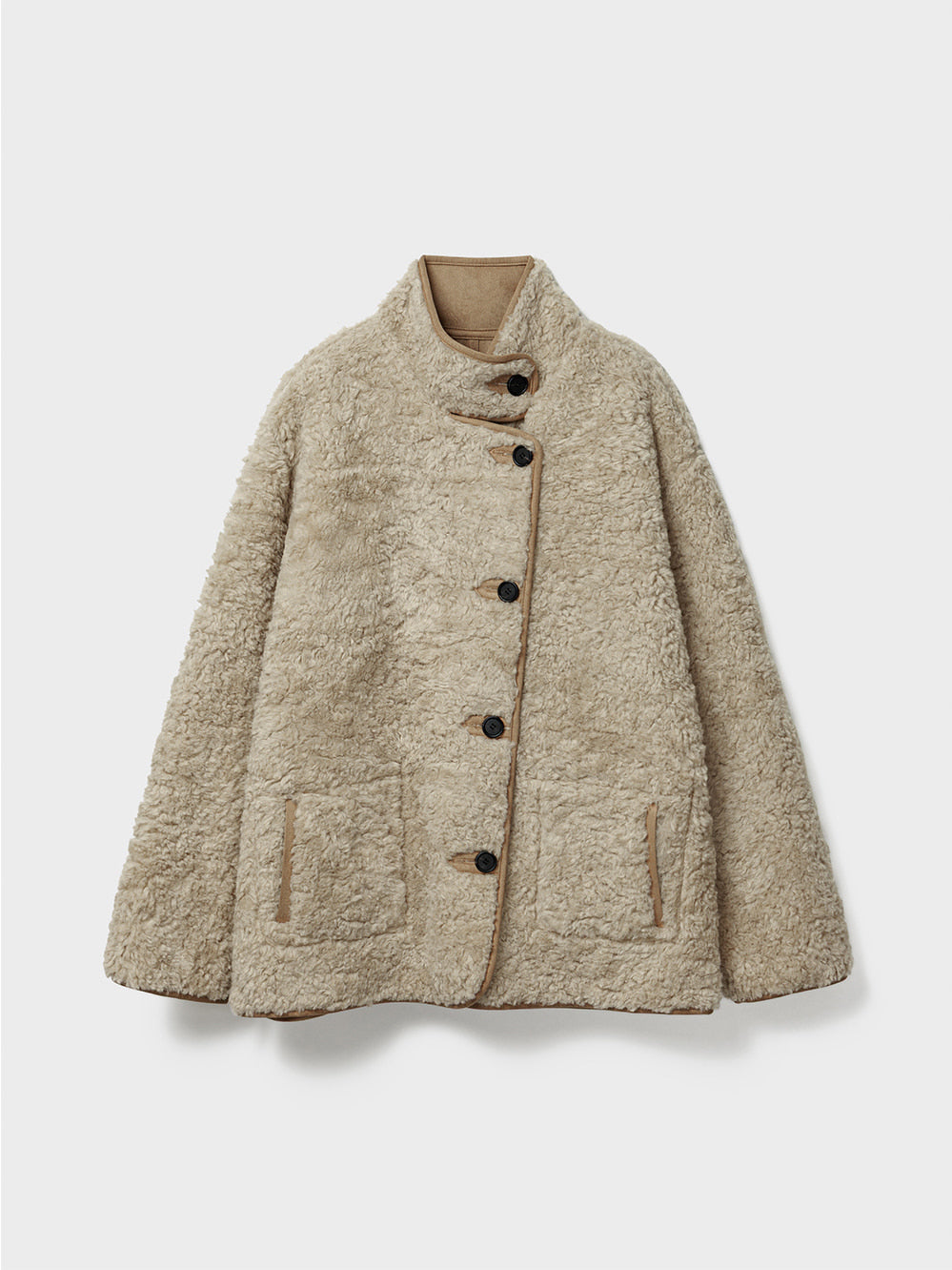 Low Classic High-Neck Reversible Shearling Jacket Beige