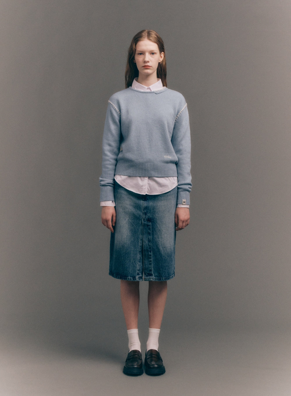 [satur] (W) Marradi Denim Midi Skirt - Crinkle Washed Blue