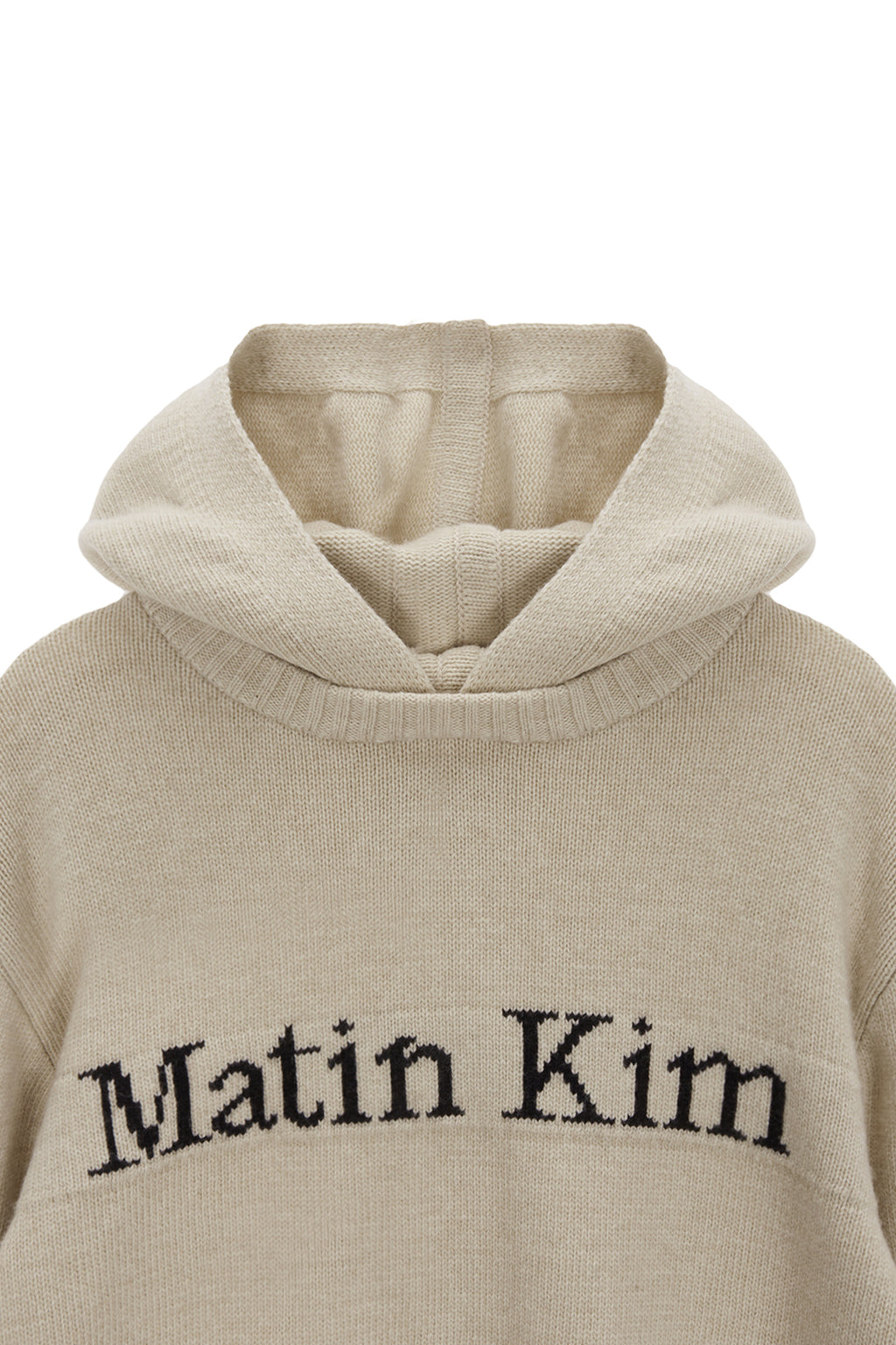 [matinkim] DAMAGE LOGO KNIT HOODIE IN BEIGE