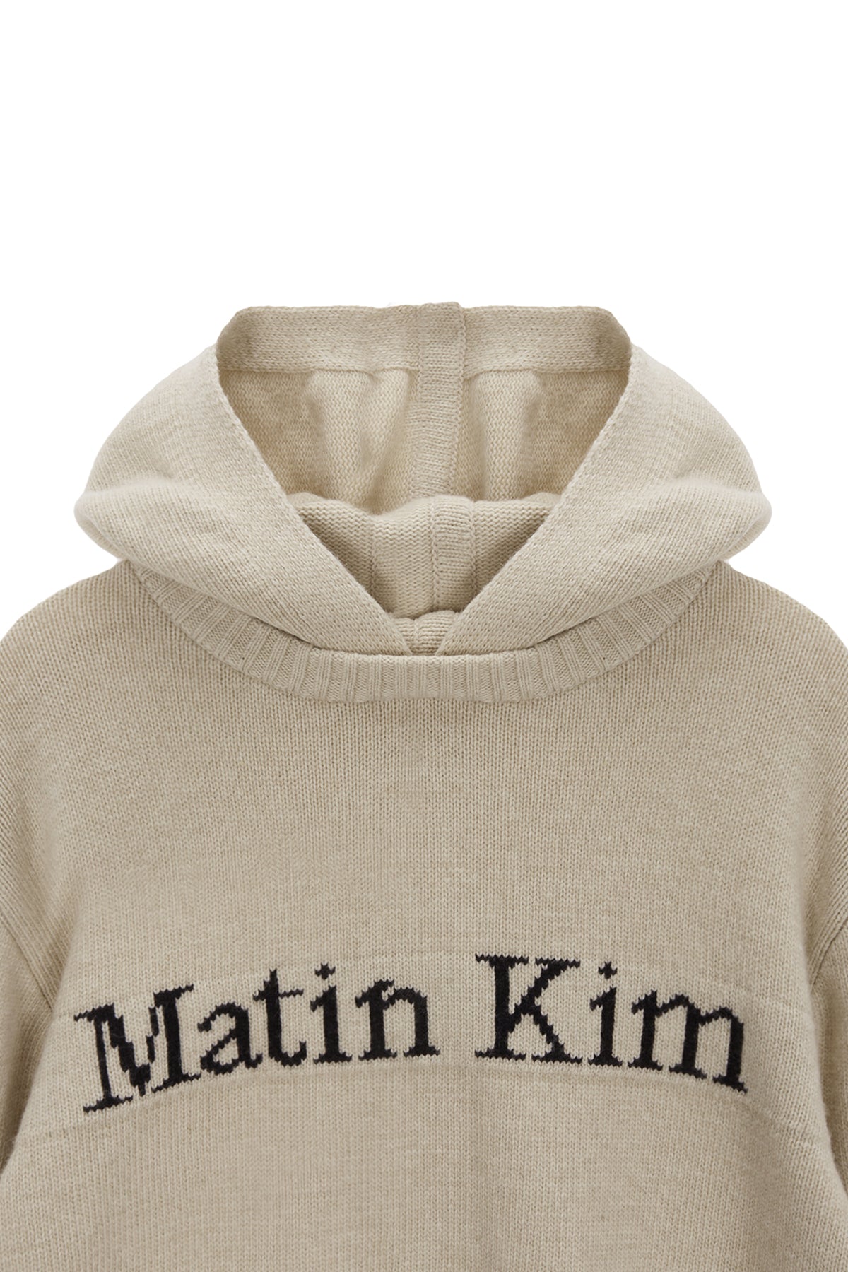 [matinkim] DAMAGE LOGO KNIT HOODIE IN BEIGE