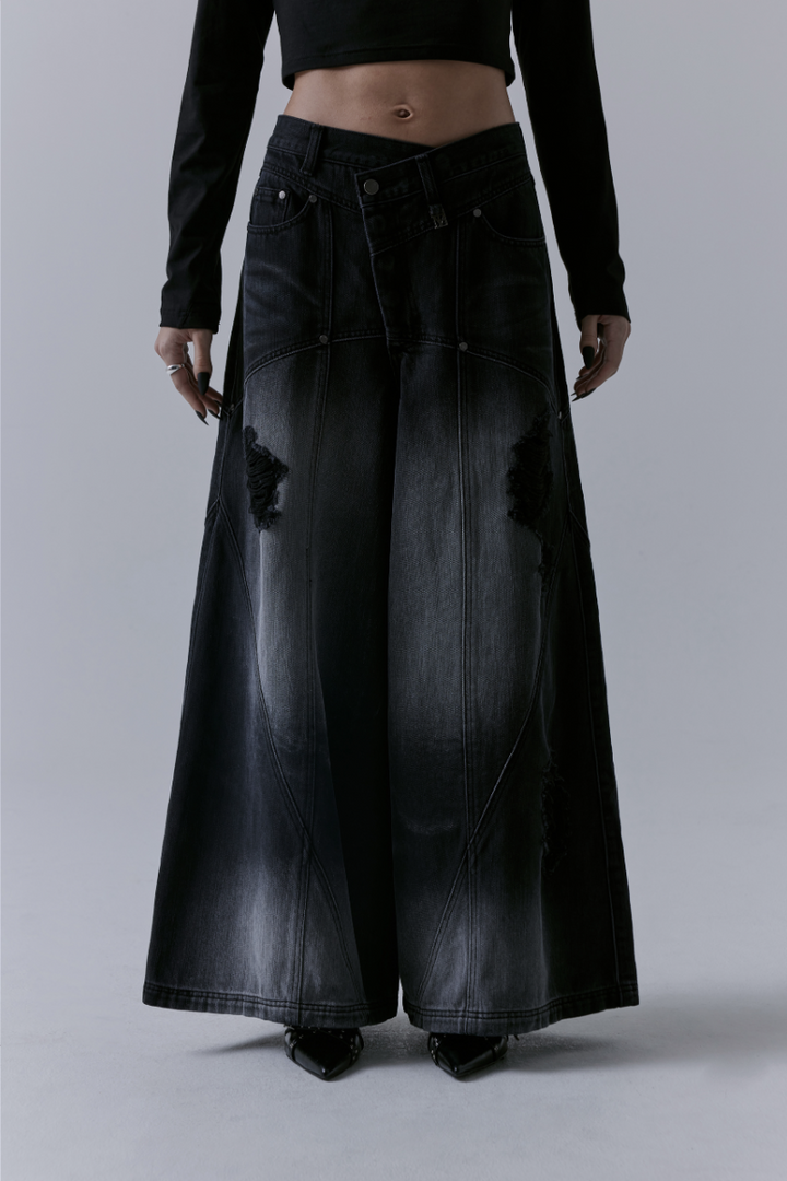 Treemingbird Damaged Over Wide Denim Pants Black