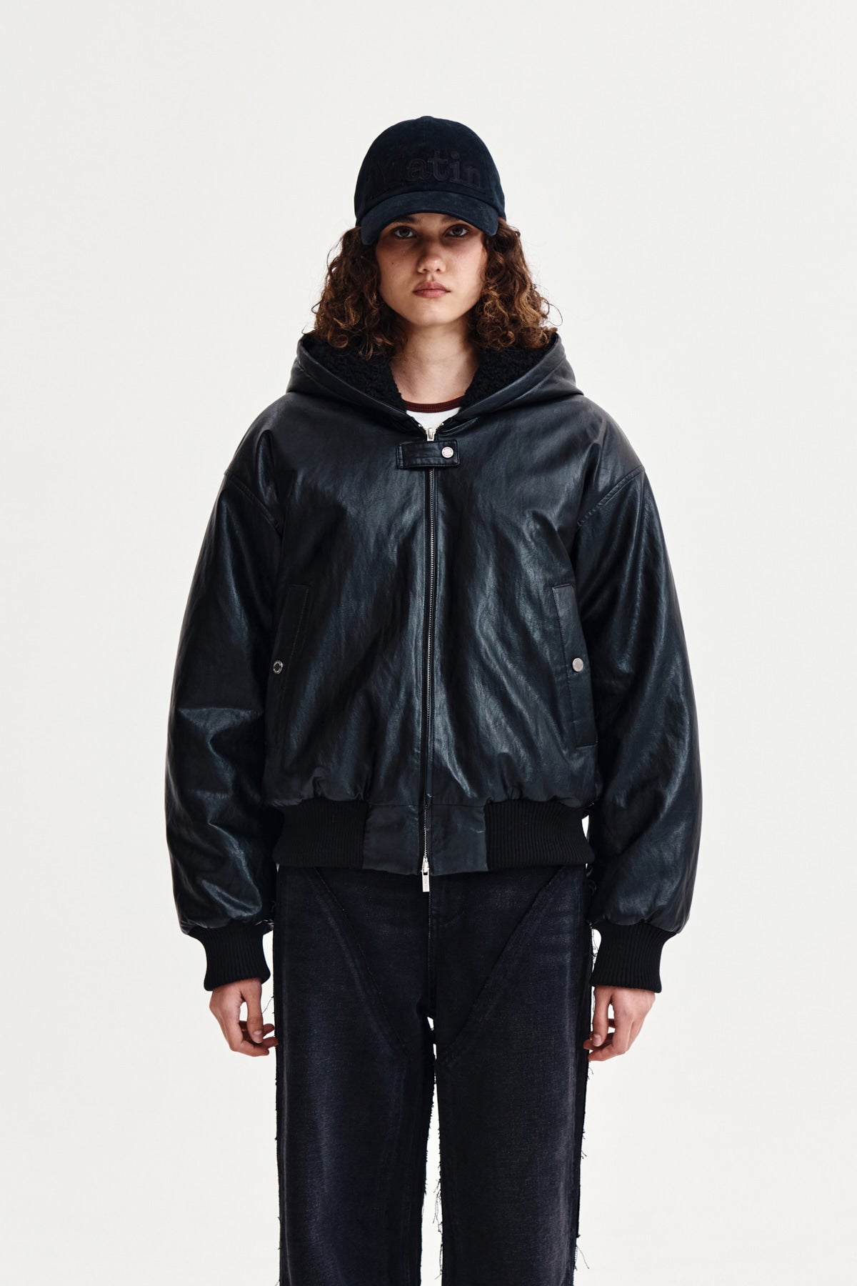 [matinkim] Faux Leather Zip UP Hoody IN Black