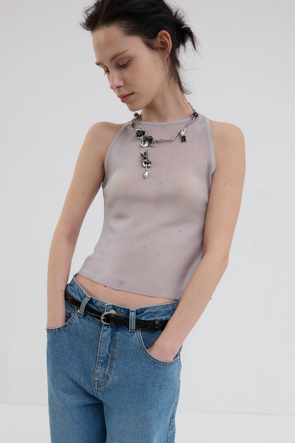 Overdueflair Sheer Glossy Halter Knit Top Silver