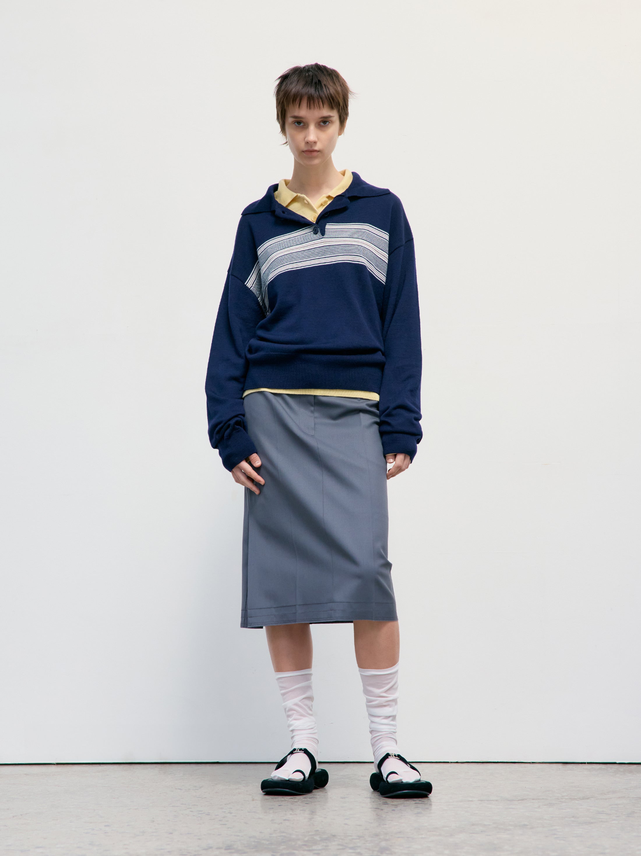 [Low Classic] Multi Stripe Pique Knit Top_Navy