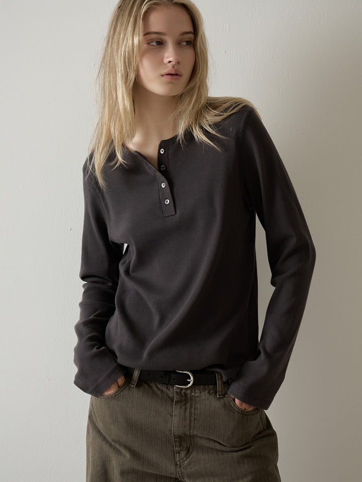 Facade Pattern Henley Neck Washed Cotton Rib T-shirt
