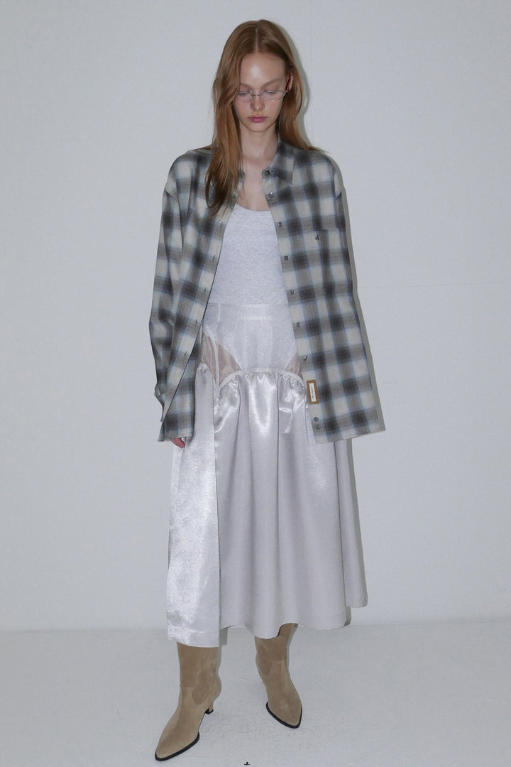 Overdueflair Sheer Satin Long Skirt White Silver