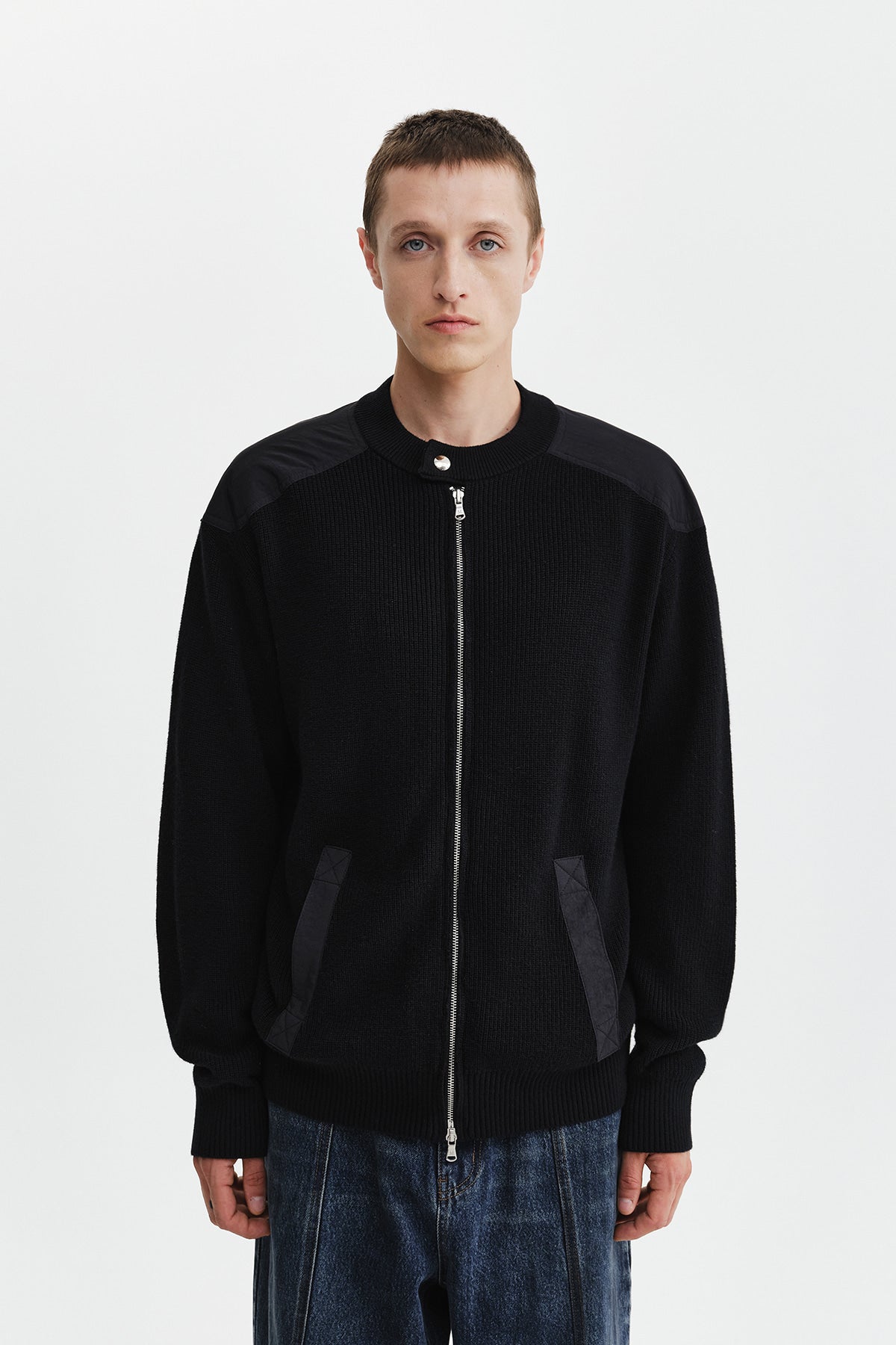 Matinkim Patch Detail Knit Zip UP For Men IN Black