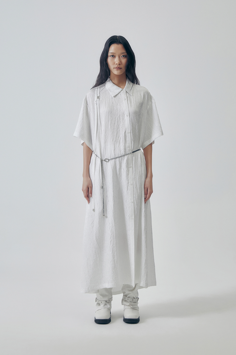 Treemingbird Double Strap Asymmetrical Collar Long Shirt White