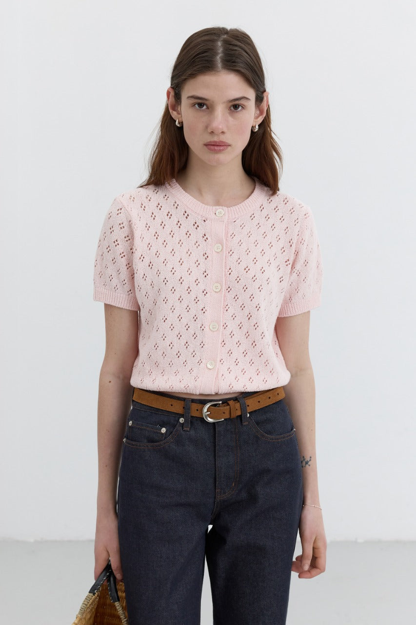 Dunst Crochet Crewneck Cardigan Soft Pink