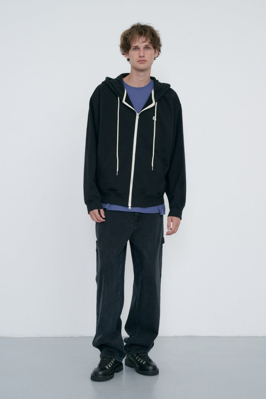 Dunst Unisex Leather Logo Zip-Up Hoodie Black