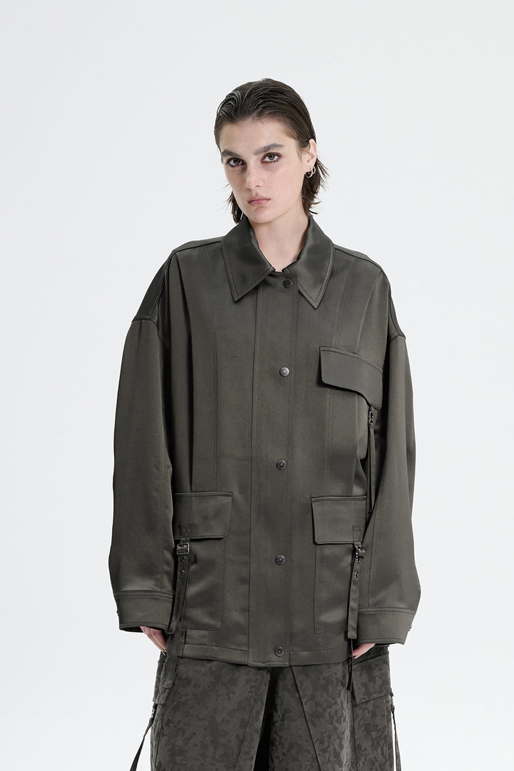 Treemingbird Glossy Satin Strap Jacket Khaki