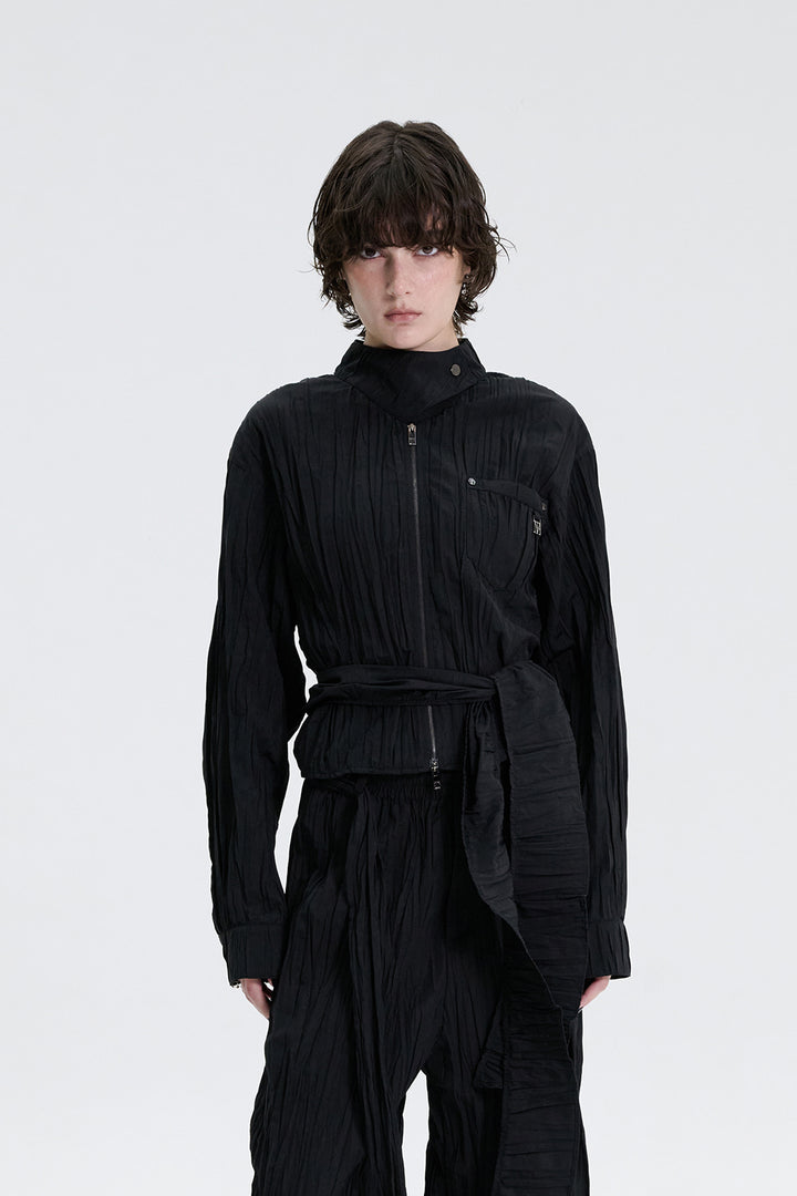 Treemingbird Crinkle Back Tie Set-up Shirt Black