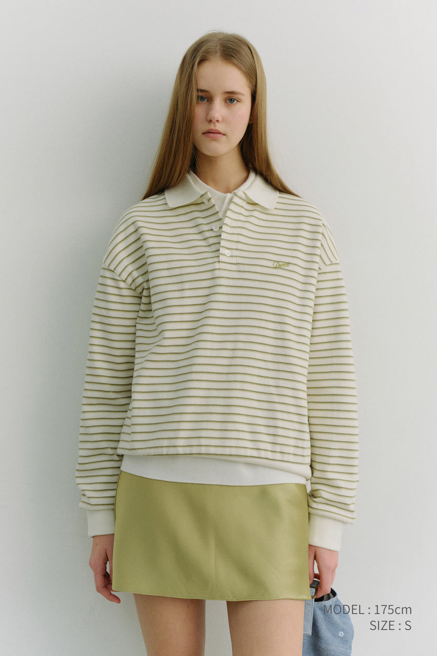 Dunst Unisex Striped Logo Collared T-Shirt Olive Stripe