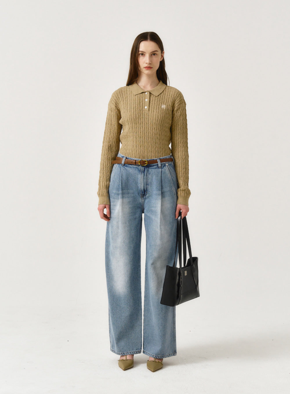 [satur] (W) Winsome Basic Cable Collar Knit - Organic Beige