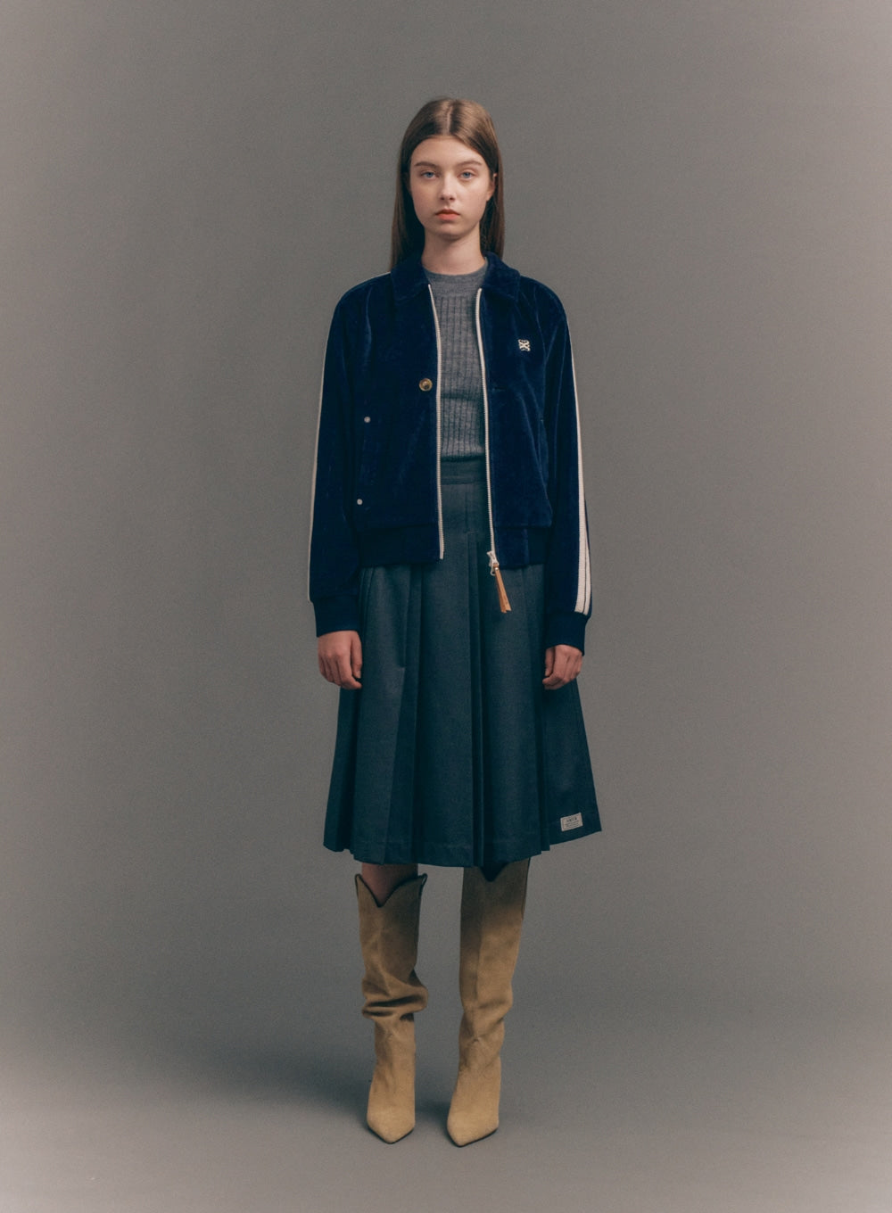 [satur] (W) Lawton Velour Collar Jacket - Navy