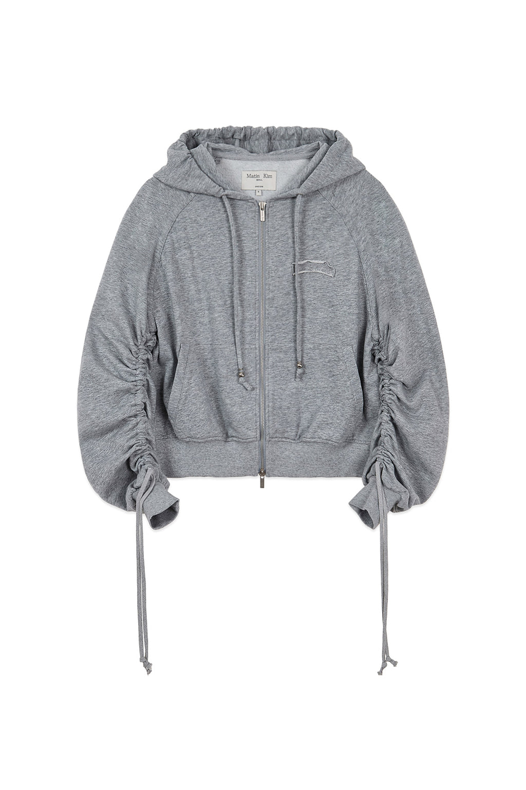 [matinkim] SLEEVE STRING DETAIL HOODY ZIP UP IN GREY