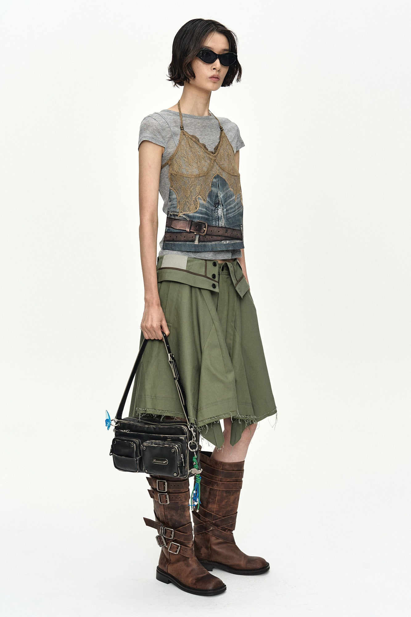 Andersson Bell Belted Denim Printed Lace Bustier