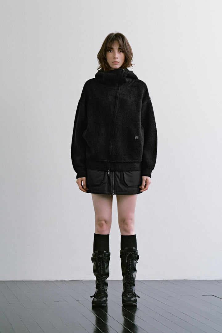 Treemingbird Diagonal Zip-up Knit Hoodie Black