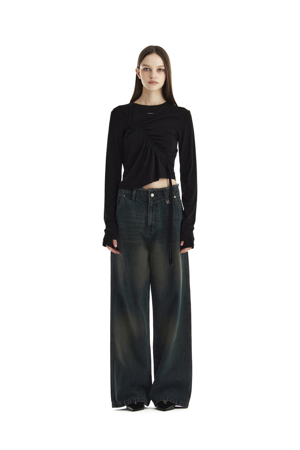 Treemingbird Shirred Wave Detail Crop Long Sleeve Black