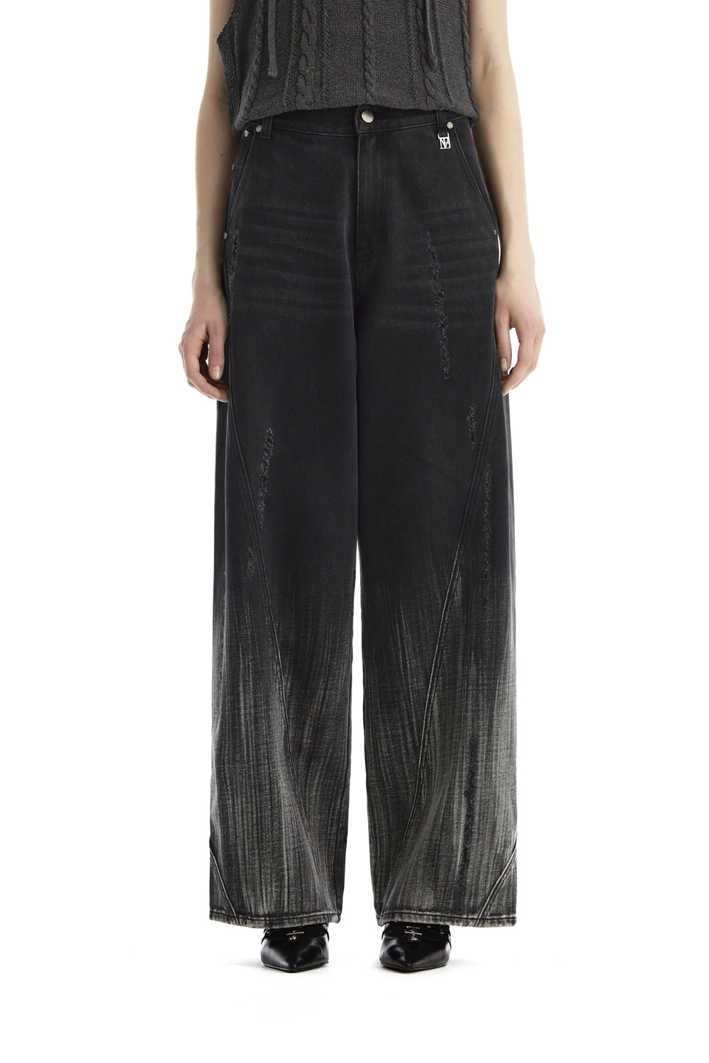 Treemingbird Gradient-Washed Distressed Denim Pants Black