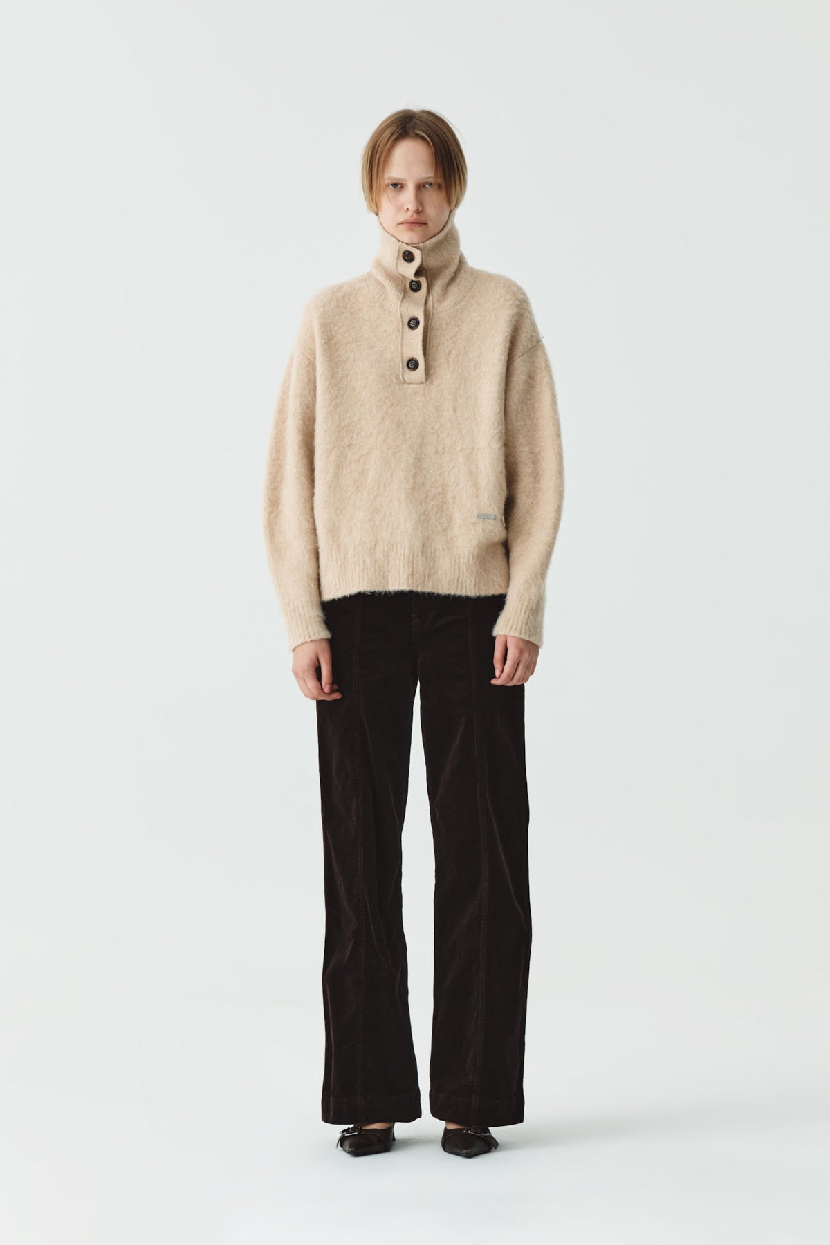 Matinkim Button High Neck Alpaca Blend Sweater IN Light Beige