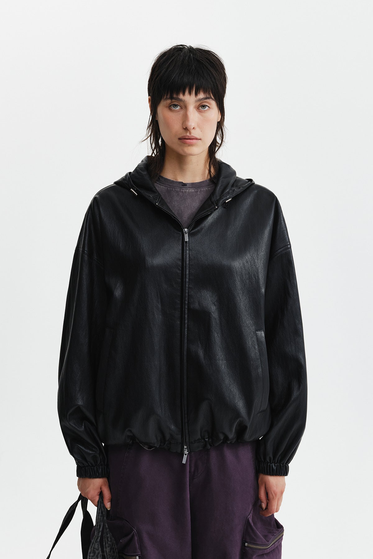 Matinkim Faux Leather Applique Logo Hoody Jumper IN Black