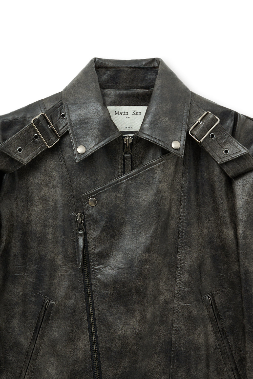 [matinkim] FAUX LEATHER BELTED RIDER JUMPER IN CHARCOAL