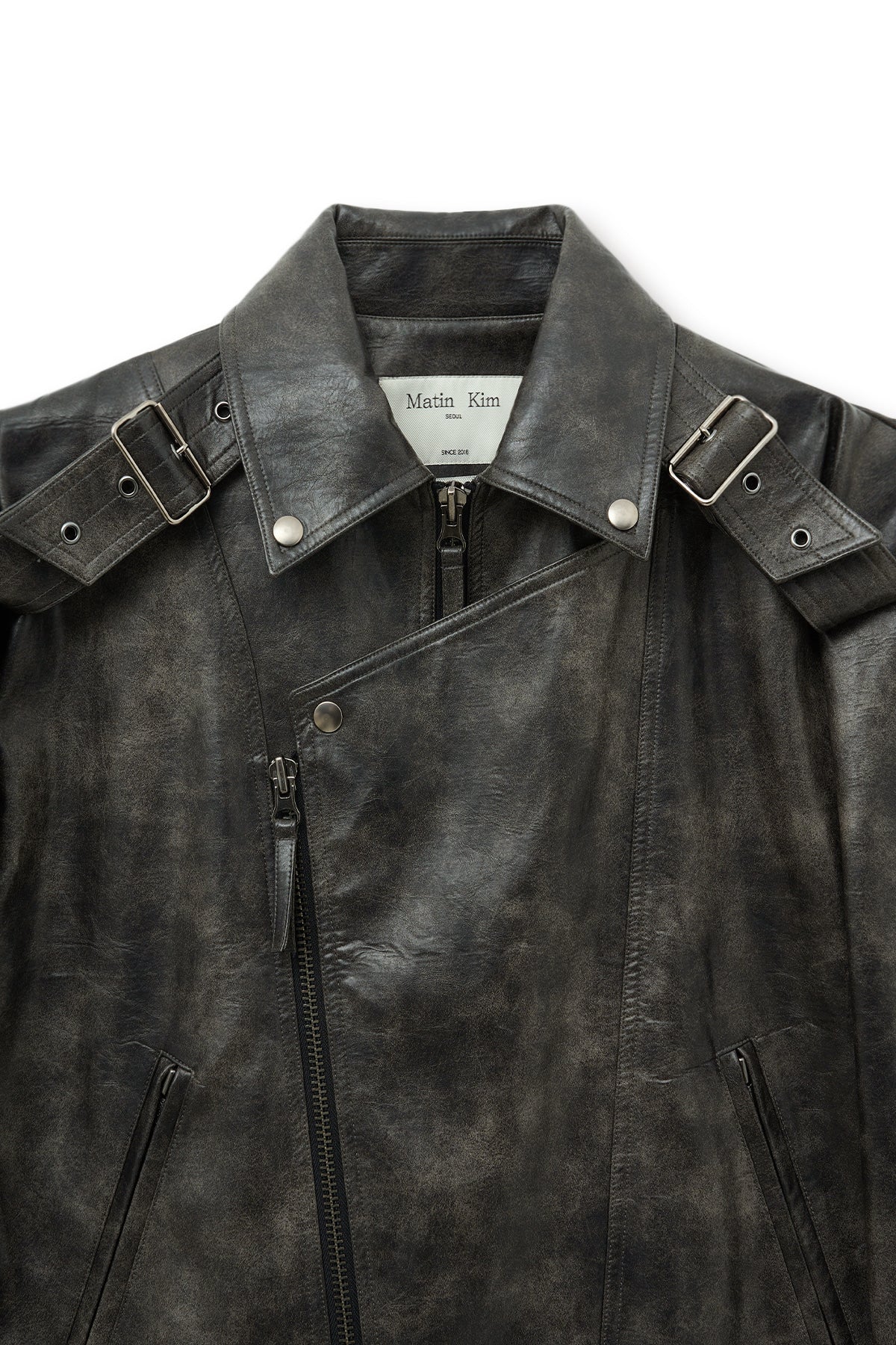 [matinkim] FAUX LEATHER BELTED RIDER JUMPER IN CHARCOAL