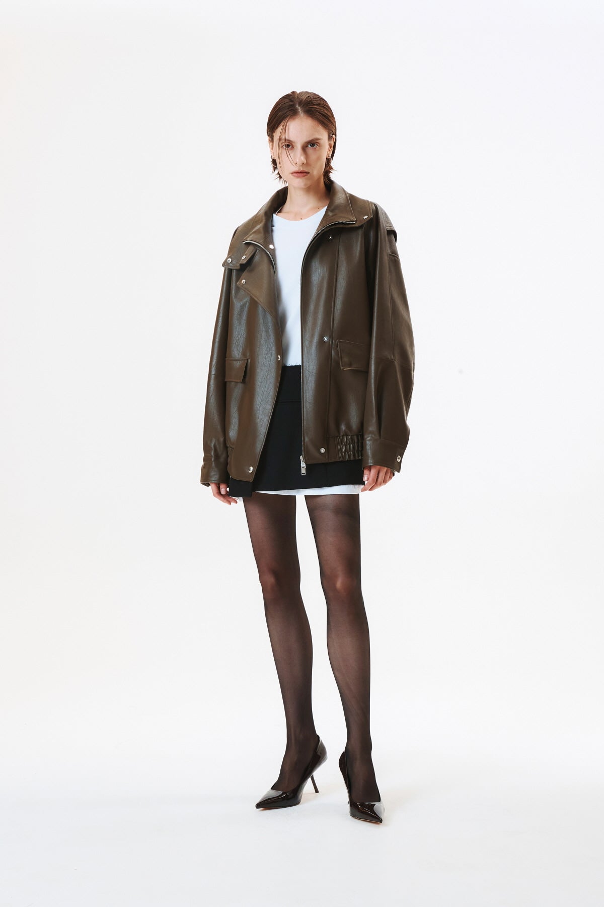 Matinkim Oversize Layered Leather Jumper IN Khaki Brown
