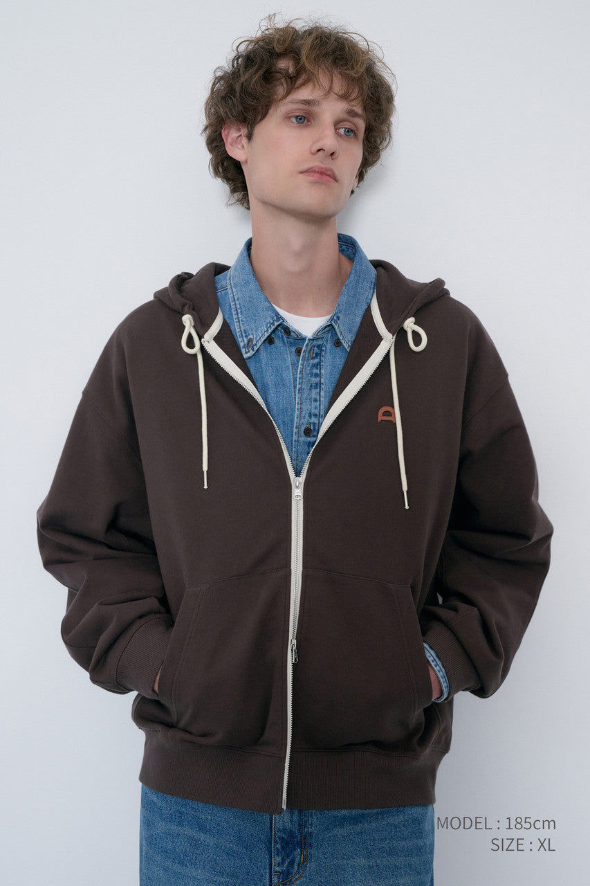 Dunst Unisex Leather Logo Zip-Up Hoodie Brown