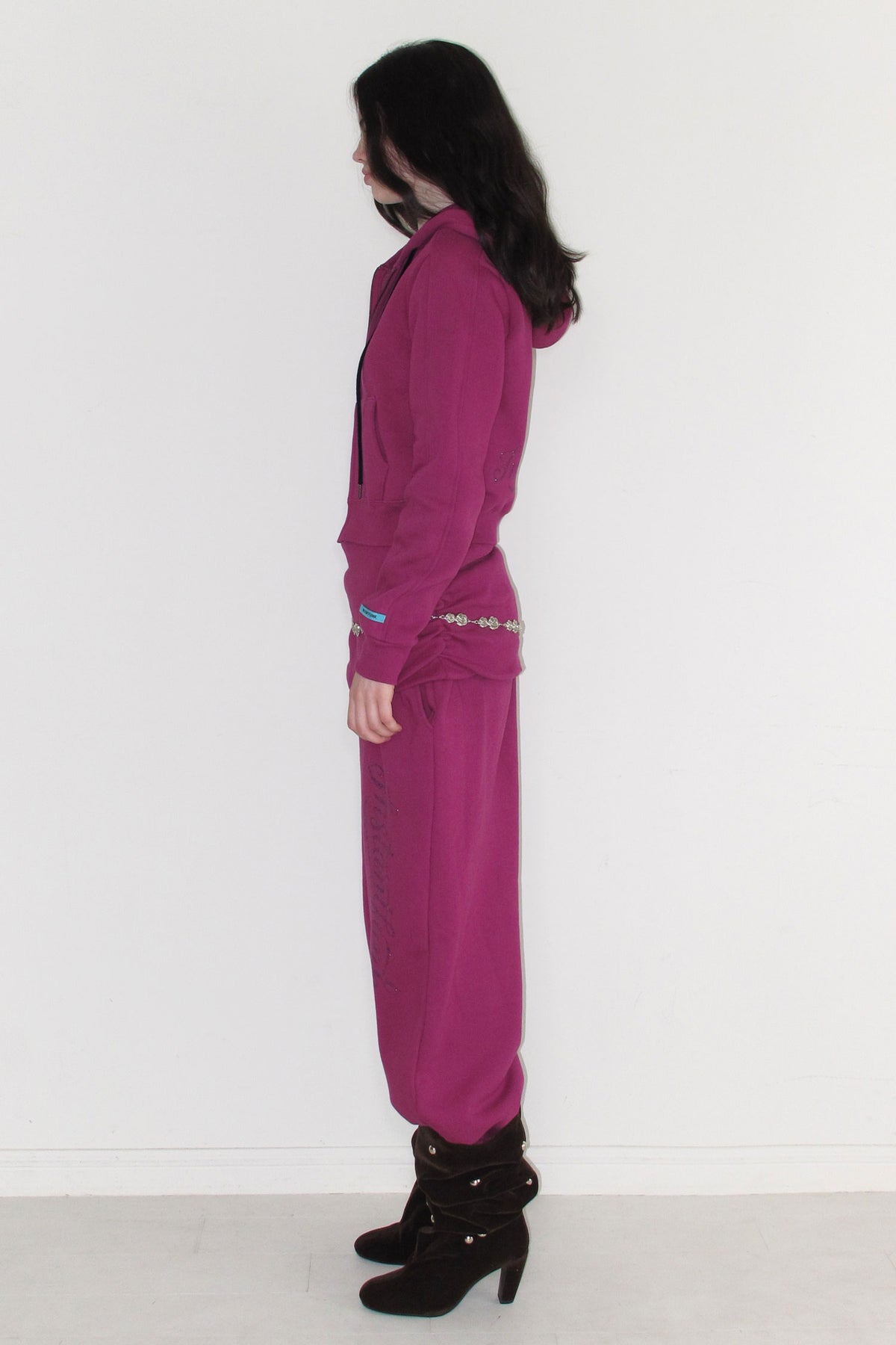 Instantfunk Rhinestone Folded Waist Sweat Pants - Purple