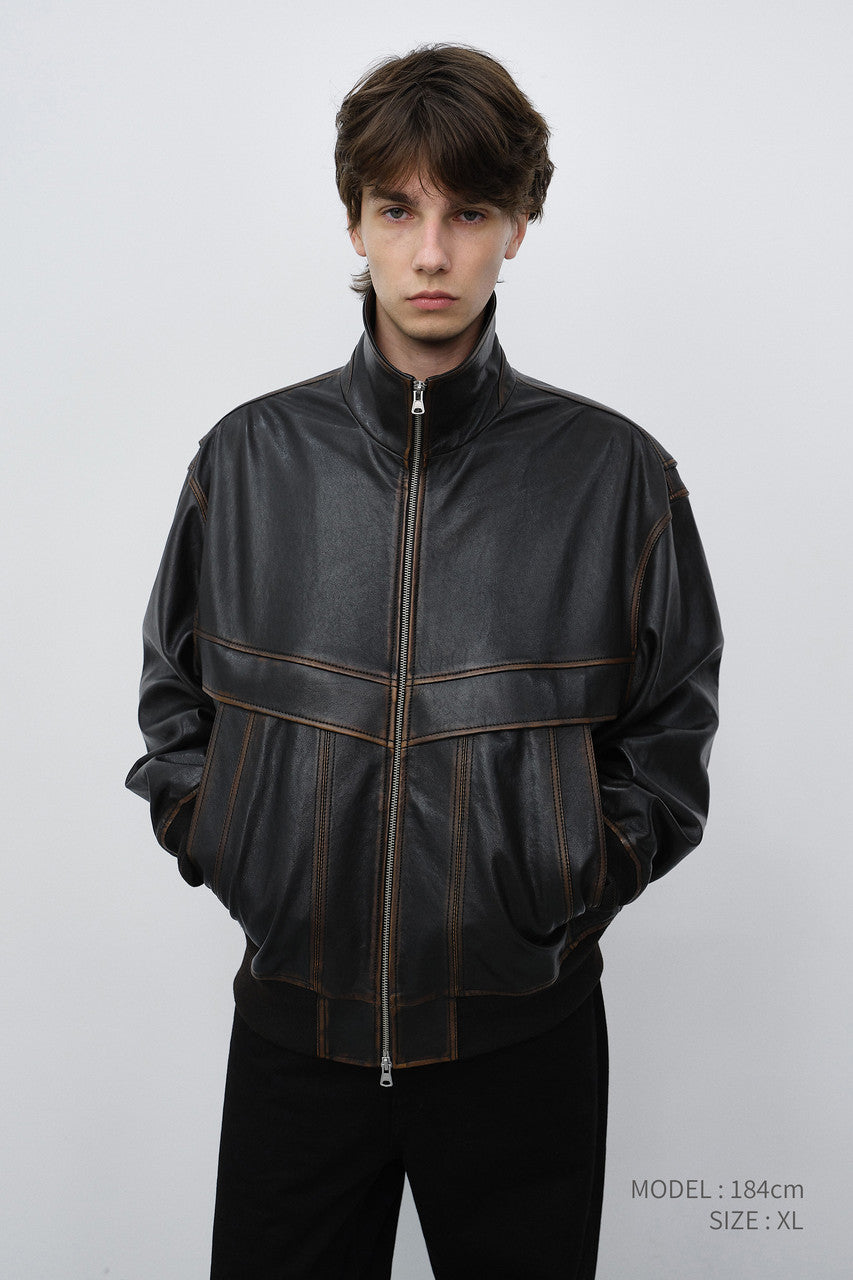 Dunst Unisex Stand Collared Leather Blouson Brushed Brown