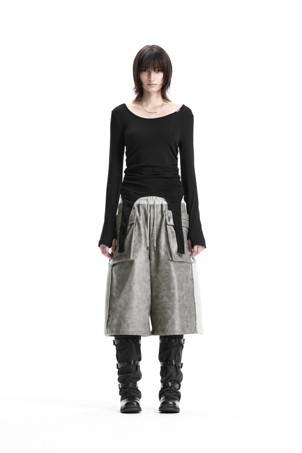 Treemingbird Garter-Hem Long-Sleeve Top Black