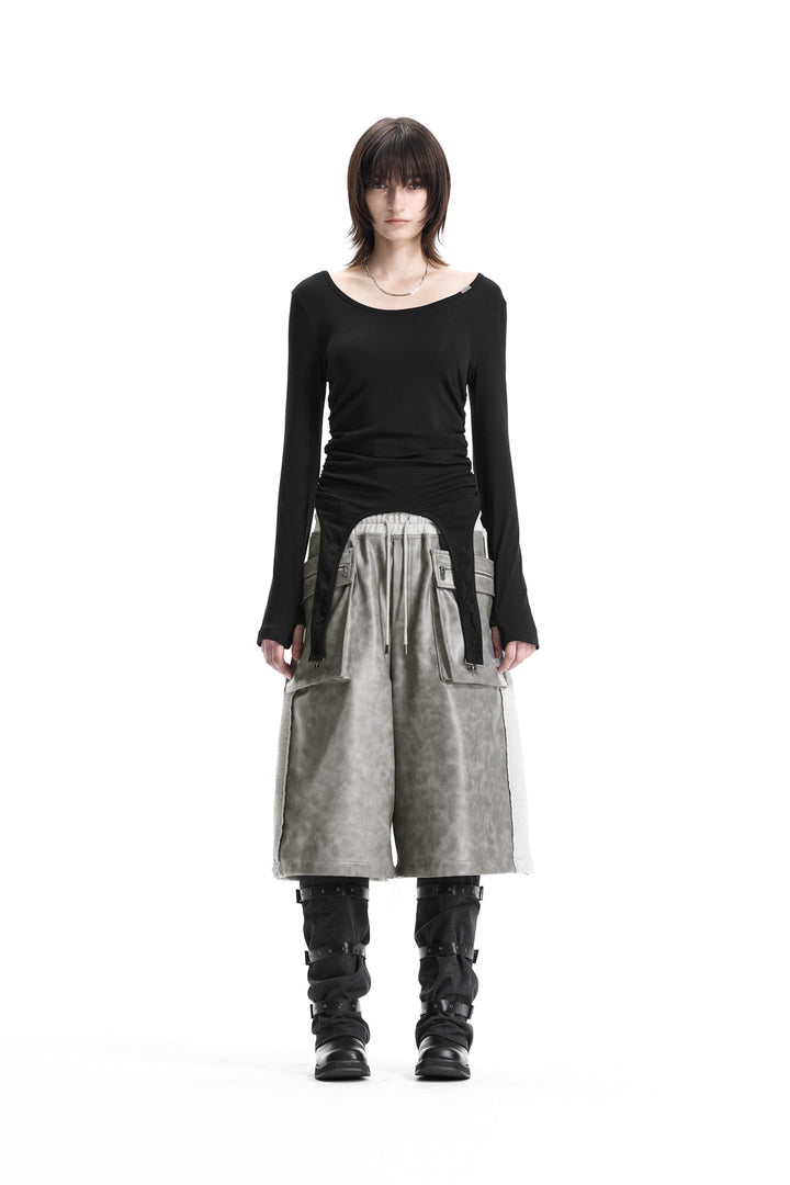 Treemingbird Garter-Hem Long-Sleeve Top Black
