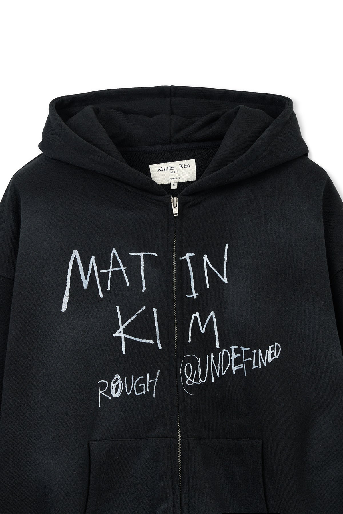 Matin Kim Vintage Washed Graffiti Hoodie Zip Up in Black, Korean designer outerwear.