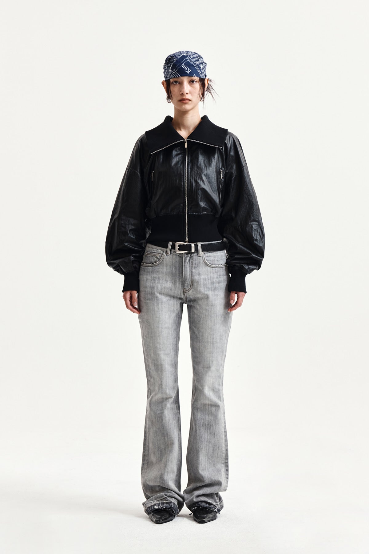 [matinkim] WASHED POINT BOOTS CUT DENIM PANTS IN GREY