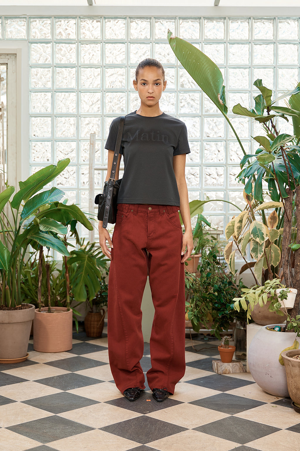 Matinkim Waist Buckle Curved Dying Denim Pants IN Red
