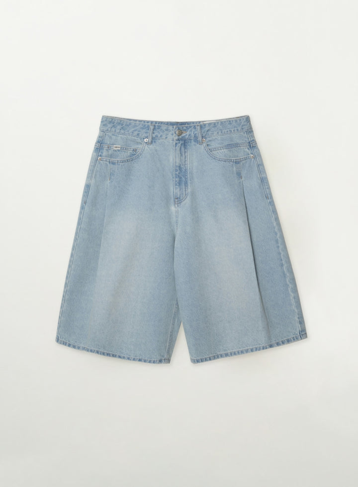 Satur Pleats Bermuda Washed Denim Shorts - Light Blue